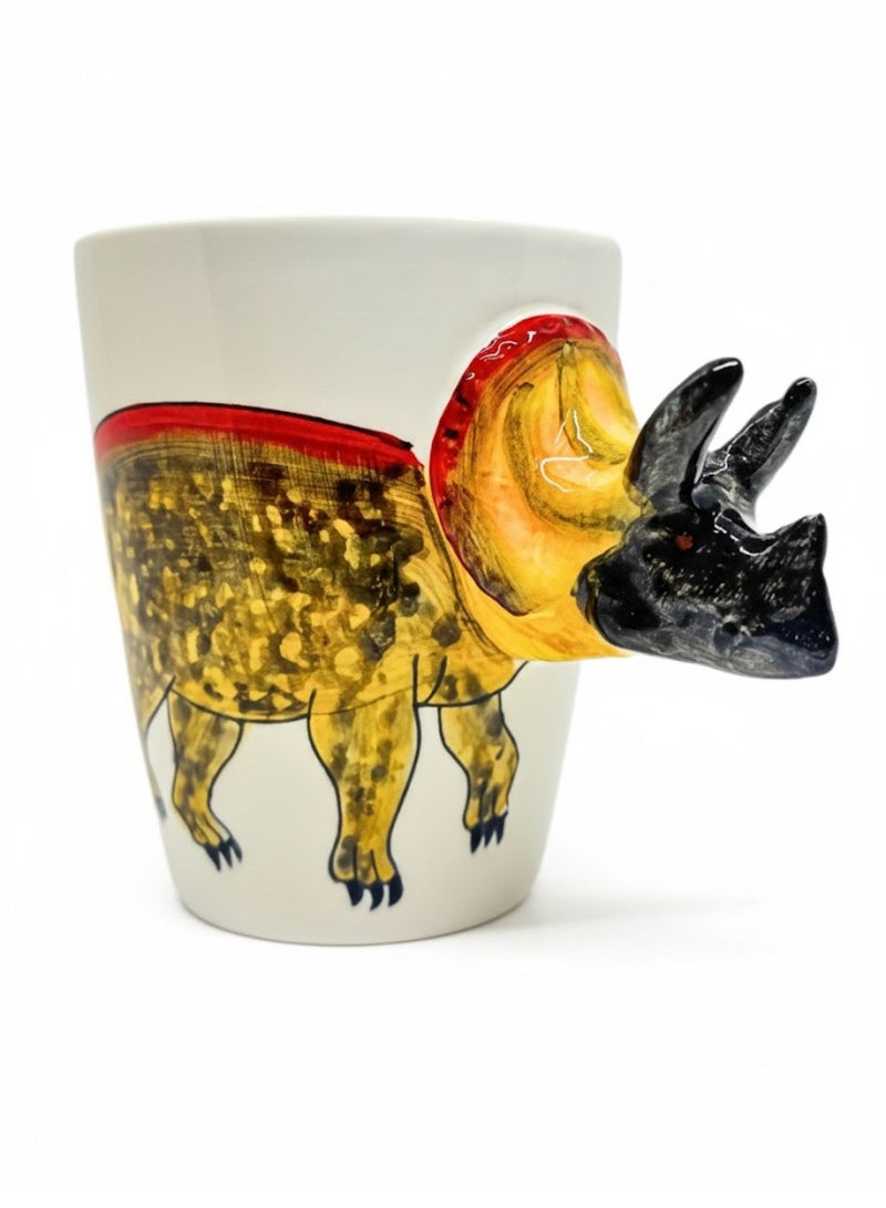 سولاري كوب قهوة سيراميك بمقبض ثلاثي الأبعاد من ترايسيراتوبس | كوب بتصميم حيواني إبداعي | كوب شاي وقهوة مصنوع يدويًا | هدية فريدة للمنزل والمكتب | أبيض | 350 مل - Image 1